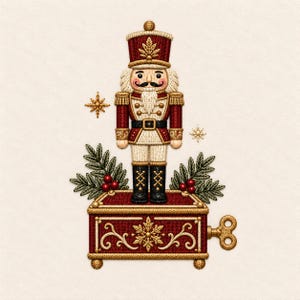 Puede incluir: Una figura de cascanueces bordada de pie sobre una caja de música rectangular roja y dorada. El cascanueces viste un uniforme rojo con detalles dorados, un sombrero alto y botas negras. Ramas de pino verde y bayas rojas decoran la base.