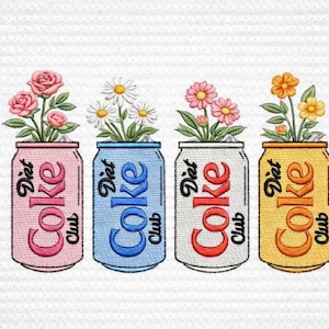 Desenho de Bordado Floral para Lata de Refrigerante – Diet Coke Club, Desenho de Bordado Divertido, Estilo Cottagecore (PES DST EXP) Download Instantâneo, 5 Tamanhos