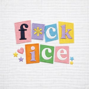 Peut inclure: Écussons brodés colorés épelant "f*ck ice". Les lettres sont blanches, noires et violettes sur des fonds roses, violets, bleus et jaunes. Petites étoiles et coeurs brodés également présents.