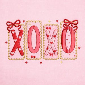 May include: Embroidered pink fabric with the letters "XOXO" in red, featuring heart and bow details. Each letter is framed with a gold scalloped border and topped with a red bow. Small hearts and stars are scattered around the letters.