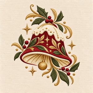 Può includere: Un'illustrazione di una campana decorativa con un corpo rosso intenso e dettagli in filigrana dorata, sormontata da un dettaglio bianco simile alla brina. La campana è circondata da foglie di agrifoglio verdi, bacche rosse e piccole stelle dorate.