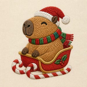 Op de afbeelding: Een geborduurde patch met een bruine capibara die een rood-witte kerstmuts en een rood-groen gestreepte sjaal draagt. De capibara zit in een rode slee met gouden rand, versierd met groene hulstblaadjes en rode bessen.
