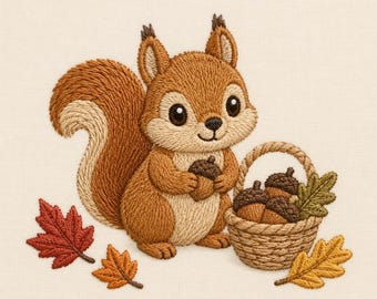 Herbst Eichhörnchen Stickdatei, niedliches Waldtier mit Eichel Korb, Herbst Maschinenstickerei, Herbst digitaler Download