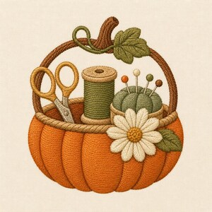May include: An embroidered design of a pumpkin-shaped basket with a brown handle and green leaf. Inside are a pair of gold scissors, a spool of green thread, a green pincushion with four pins, and a white daisy flower with a yellow center.