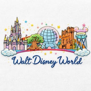 Może przedstawiać: Haftowany wzór przedstawiający kultowe zabytki Walt Disney World: Zamek Kopciuszka, Spaceship Earth, Hollywood Tower Hotel i wieżę ciśnień z uszami Myszki Miki. Tekst "Walt Disney World" jest napisany poniżej.