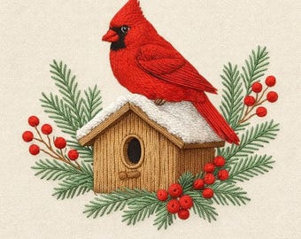 May include: An embroidered image featuring a vibrant red cardinal bird atop a miniature wooden birdhouse with a snow-covered roof. The birdhouse is encircled by green fir branches and red berries, all set against a cream backdrop, creating a festive, wintery scene.