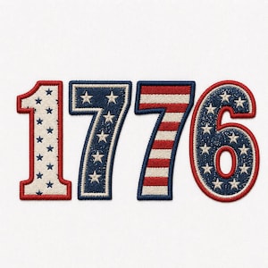 以下が含まれることがあります： 愛国的な色で「1776」の数字が刺繍されたパッチ。 「1」はクリーム色に青い星、「7」は青に白い星、「7」は赤と白のストライプ。 「6」は青に白い星と赤い縁取り。