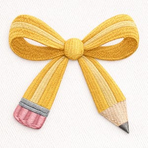 May include: Embroidered yellow pencil bow with a pink eraser and gray ferrule. The bow is made of yellow thread with lighter yellow highlights. The pencil tip is a dark gray color.