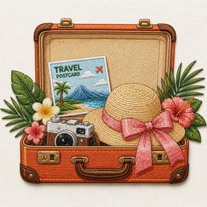 Puede incluir: Una maleta naranja abierta bordada que contiene un sombrero de paja con una cinta rosa, una cámara vintage y una postal con el texto TRAVEL POSTCARD con una montaña y una palmera. Flores de hibisco tropicales y hojas de palma la rodean.