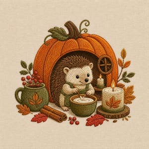 May include: An embroidery design featuring a hedgehog inside a pumpkin-shaped house. The hedgehog wears a green apron and stirs a bowl. Nearby are a green mug with red berries, cinnamon sticks, autumn leaves, and two lit candles with leaf motifs.