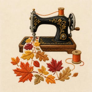 Könnte beinhalten: Ein Stickmotiv mit einer schwarzen Vintage-Nähmaschine mit goldenen Filigran-Details. Unter der Nadel liegt ein weißer Stoff, der mit bunten Herbstblättern in Rot-, Orange- und Gelbtönen bestickt ist, dazu eine passende orangefarbene Garnrolle.