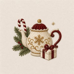 Puede incluir: Un diseño bordado que presenta una tetera de color crema con tapa rojo oscuro, detalles dorados de copos de nieve y volutas, un bastón de caramelo, agujas de pino verdes con bayas rojas y una pequeña caja de regalo crema con lazo.