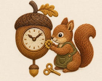 Könnte beinhalten: Ein Stickmotiv mit einem braunen Eichhörnchen in einer grünen Schürze, das neben einer großen eichelförmigen Uhr steht. Das Eichhörnchen hält ein kleines goldenes Zahnrad, und ein goldener Aufziehschlüssel liegt auf dem Stoff unter der Pendeluhr.