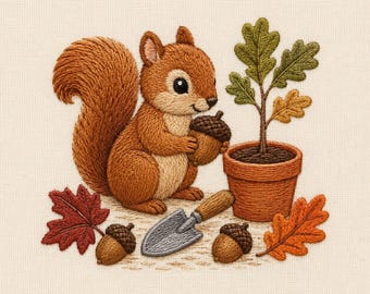 Könnte beinhalten: Ein Stickdesign mit einem braunen Eichhörnchen, das eine Eichel neben einem kleinen Eichensetzling im Topf hält. Die Szene enthält eine graue Metall-Gartenschaufel, zwei lose Eicheln und zwei abgefallene Blätter in Rot-, Orange- und Grüntönen.