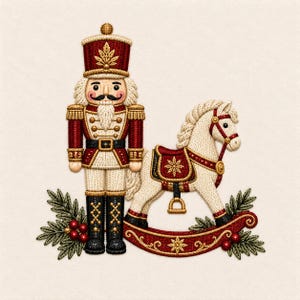 Puede incluir: Un bordado de un cascanueces con uniforme rojo y blanco junto a un caballo balancín blanco. El diseño presenta detalles dorados, botas negras y ramas de pino verdes con bayas rojas en la base, todo realizado con una textura de puntada.