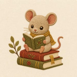 May include: An embroidered illustration of a light brown mouse with large ears wearing a yellow scarf, sitting on two stacked books while reading a small green book. A small green leafy branch is positioned to the left of the stack of books.