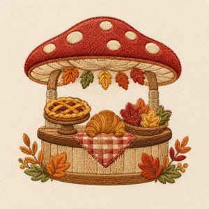 May include: An embroidery design featuring a mushroom-shaped stall with a red cap and white spots. The stall displays a pie on a stand, a croissant on a red and white checkered cloth, and baskets of autumn-colored leaves in orange, yellow, and green.