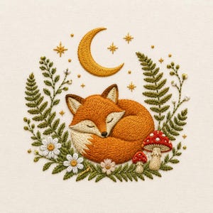May include: An embroidery design featuring a sleeping orange fox curled in a circle, surrounded by green fern fronds, white daisy flowers, and two red-capped mushrooms. Above the fox is a golden crescent moon and several small star shapes.