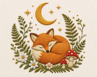 May include: An embroidery design featuring a sleeping orange fox curled in a circle, surrounded by green fern fronds, white daisy flowers, and two red-capped mushrooms. Above the fox is a golden crescent moon and several small star shapes.