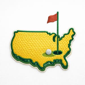 May include: Embroidered patch in the shape of the United States, colored yellow with a green outline. A golf ball sits near a hole with a red flag on a green pole. The patch is on a white background.