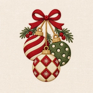 May include: An embroidery design featuring three hanging Christmas baubles tied with a red bow. One bauble has red and white diagonal stripes, one is green with white dots, and the third has a red and white diamond pattern with star accents.