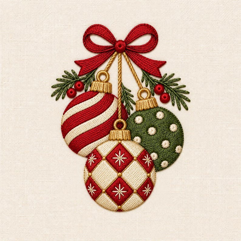 Peut inclure: Une broderie repr&eacute;sentant trois boules de No&euml;l suspendues attach&eacute;es par un n&oelig;ud rouge. Une boule pr&eacute;sente des rayures diagonales rouges et blanches, une autre est verte &agrave; pois blancs, et la troisi&egrave;me a un motif en losanges rouge et blanc.