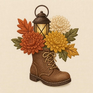 Fall Boot Lantern Flower Machine Embroidery Design, Autumn Hiking Boot Embroidery File, DST PES, Fall Digital Download
