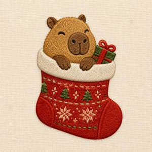 May include: An embroidered patch featuring a brown capybara peeking out of a red Christmas stocking. The stocking has a white cuff and is decorated with green pine trees and white snowflakes. A small green gift with a red bow sits inside.