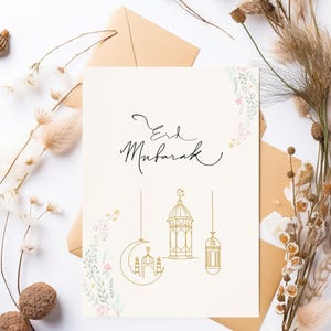 Cartão minimalista Eid Mubarak para impressão | Cartão de felicitações Eid moderno 4x6 | Cartão Ramadan para download digital | Presente de feriado muçulmano | Cartão islâmico