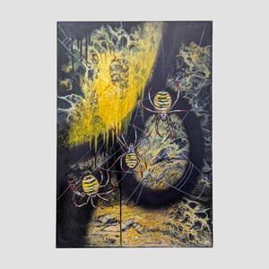 Original Wasp Spider Acrylic Painting 35x55cm Yellow Black Fluid Nature Canvas Kyiv 2022