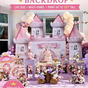 May include: A printable princess castle backdrop featuring a multi-panel design that can be printed up to 12 feet tall. The graphic displays a pink and white castle with towers, a banner with the name Mila, and decorative party elements.