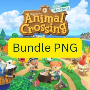 May include: A digital graphic featuring the Animal Crossing New Horizons logo in brown and yellow text, with a yellow rectangular overlay containing the black text Bundle PNG, set against a colorful island scene with cartoon characters.