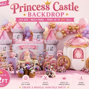 May include: A printable Princess Castle backdrop featuring a multi-panel design that can be printed up to 12ft tall. The graphic displays a pink and grey castle, a carriage, and text including Princess Castle Backdrop, Mila, and Print up to 12ft tall.