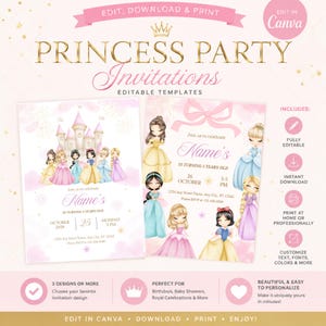 Princess Birthday Invitation Template | Editable Canva Invitation | Princess Party Invite | Instant Download | Printable Evite