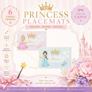 Pode incluir: Um conjunto digital de seis jogos americanos de princesa imprimíveis com texto editável, gráficos de coroa dourada e ilustrações de personagens em vestidos rosa e azul. O design inclui detalhes florais, uma varinha mágica e um castelo.