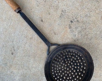 Antique slotted spoon strainer skimmer black and gold steel with wooden handle