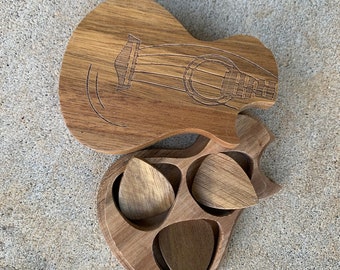 Wooden Guitar Shaped Box with 3 wooden picks