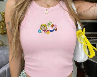 かわいいリジー・マグワイア刺繍入りタンクトップ、リジー・マグワイアベビーTシャツ、ディズニー旅行衣装、Y2Kカートゥーンファンシャツ、かわいい刺繍入りキャミソール
