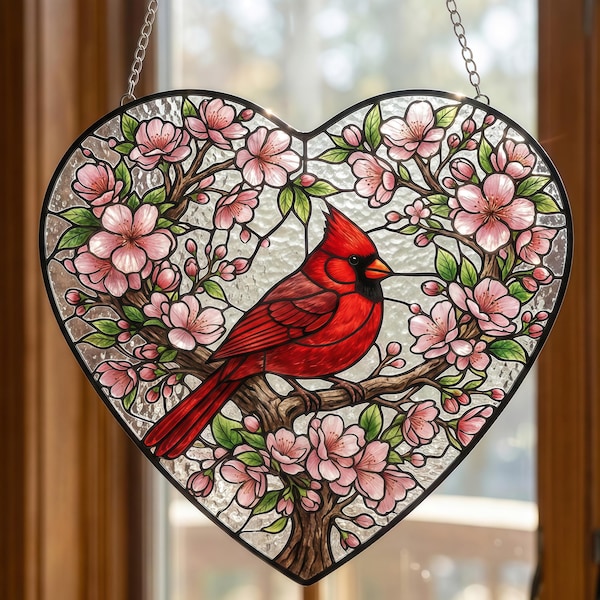 Cardinal Stained Glass Heart Suncatcher, Red Bird Window Hanging Decor, Sympathy Gift for Loss