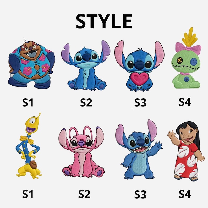 May include: Collection of colorful cartoon character patches, including Stitch, Angel, and other characters. The word "STYLE" is printed at the top. Each character has a unique design and color scheme, perfect for decorating clothing or accessories.