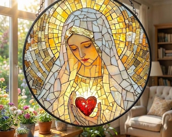 Virgin Mary Glass Suncatcher, Sacred Heart Religious Window Hanging, Faith Home Decor