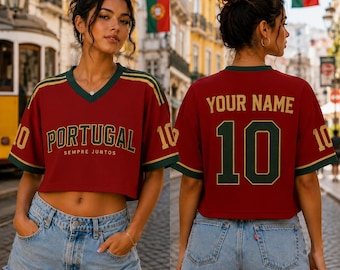 ポルトガル クロップトップジャージ、名入れサッカーシャツ、ポルトガル フットボール クロップTシャツ、カスタムネーム＆ナンバージャージ、ポルトガル ファン ゲームデー トップ
