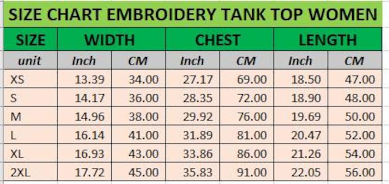 Op de afbeelding: Een maattabel voor een geborduurde tanktop met kolommen voor maat, breedte, borstomvang en lengte in inches en centimeters. De tabel vermeldt maten van XS tot 2XL met specifieke numerieke afmetingen voor elke categorie.