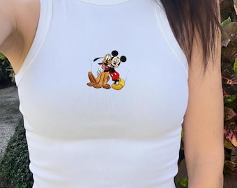 Mickey Mouse Pluto Embroidered Tank Top, Disney Best Friends Tank, Mickey Pluto Crop Top, Vintage Cartoon Tank Top, Retro Disney Fitted Tee