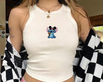 Camiseta corta con bordado retro de puntadas, linda camiseta de Disney, camiseta corta de Ohana, camiseta de Lilo y Stitch, camiseta corta de Stitch y sus amigos de Disney