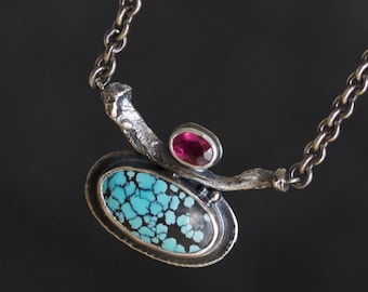 Spiderweb Kingman Turquoise & Pink Tourmaline Oxidized Sterling Silver Necklace