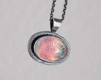 Aurora Opal Evil Eye Necklace, Rose Cut Opal Necklace, Multicolor Opal Pendant Necklace, Sterling Silver Opal Pendant... Fire & Light...