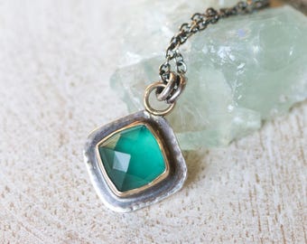 Oxidized Sterling Silver Rose Cut Teal Quartz Pendant Necklace, 18K Gold Accents