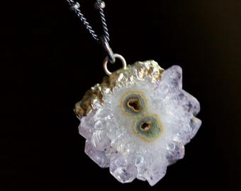 Pale Purple Raw Amethyst Stalactite Slice Pendant: Oxidized Sterling Silver Necklace