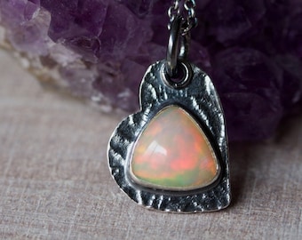 Welo Opal Heart Necklace: Sterling Silver Floral Pendant